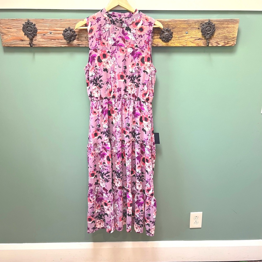 Lulus Pink Floral Mock Neck Tiered Sleeveless Midiβ Dress Large NWT